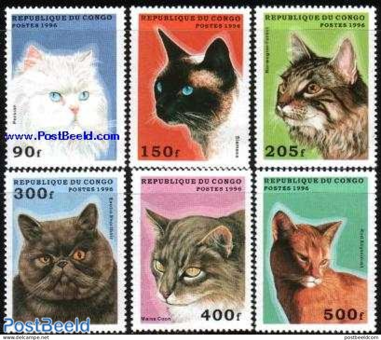Congo Republic 1996 Cats 6v, Mint NH, Nature - Cats - Autres & Non Classés