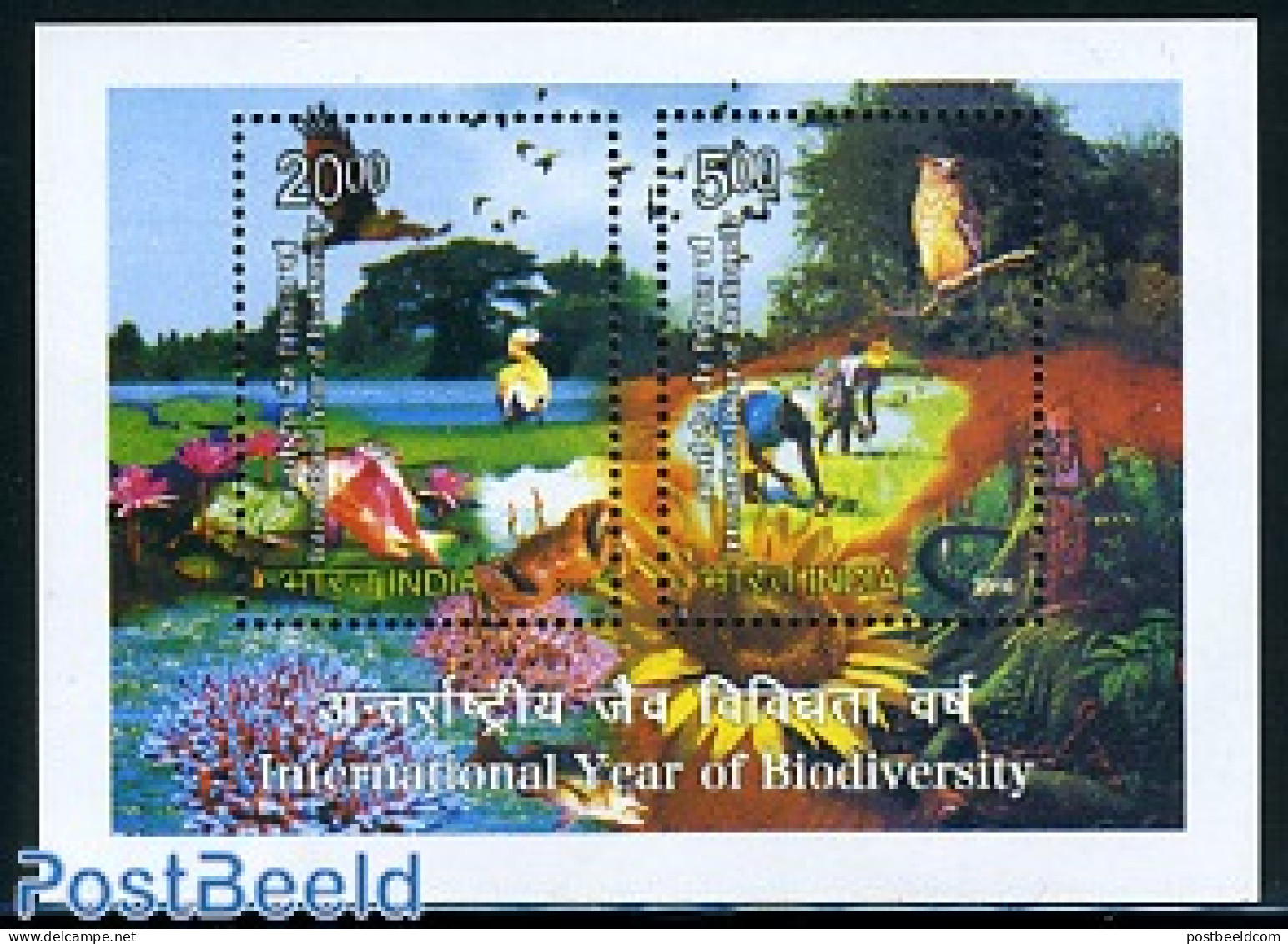 India 2010 Int. Year Of Bio-diversity S/s, Mint NH, Nature - Animals (others & Mixed) - Birds - Birds Of Prey - Fish -.. - Unused Stamps