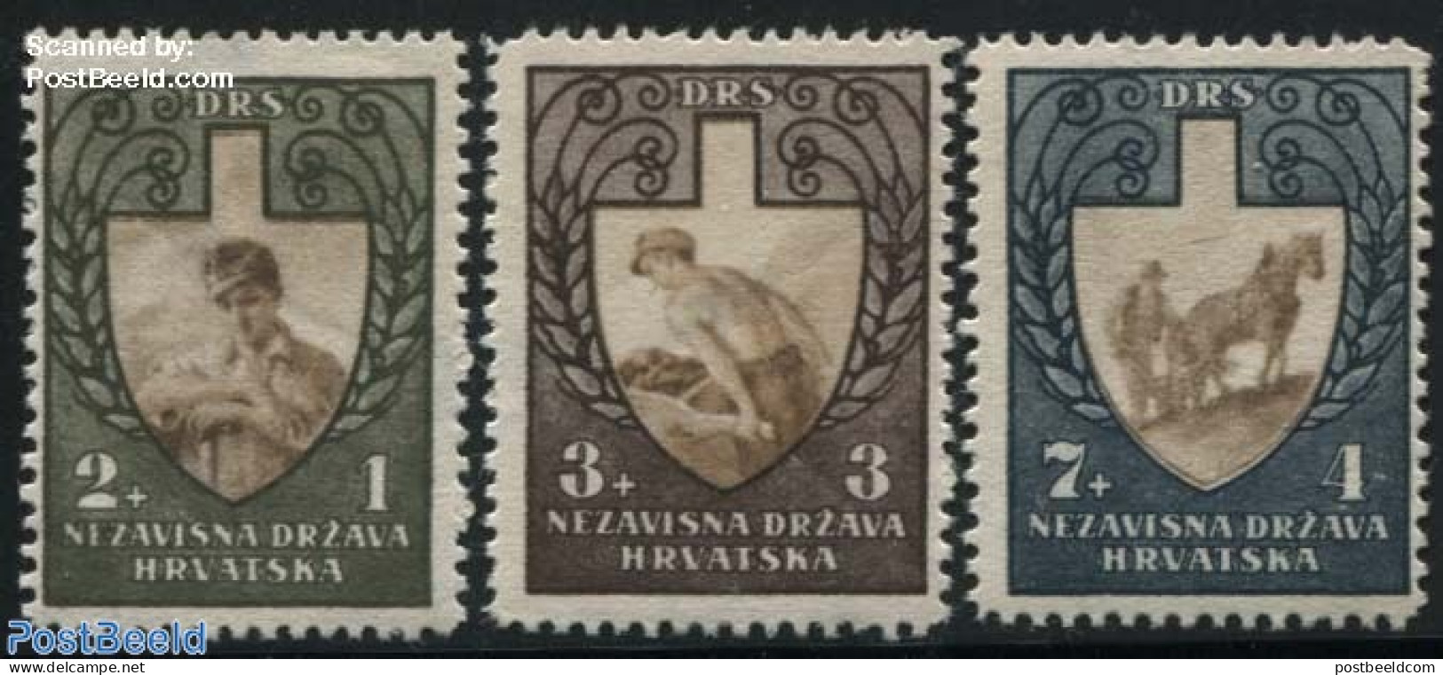 Croatia 1943 Labour Service 3v, Unused (hinged), Nature - Various - Horses - Agriculture - Landwirtschaft