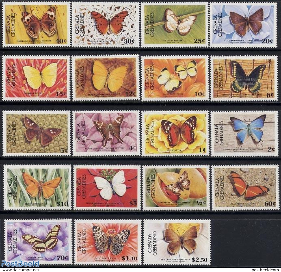 Grenada Grenadines 1985 Definitives 19v, Butterflies, Mint NH, Nature - Butterflies - Grenada (1974-...)