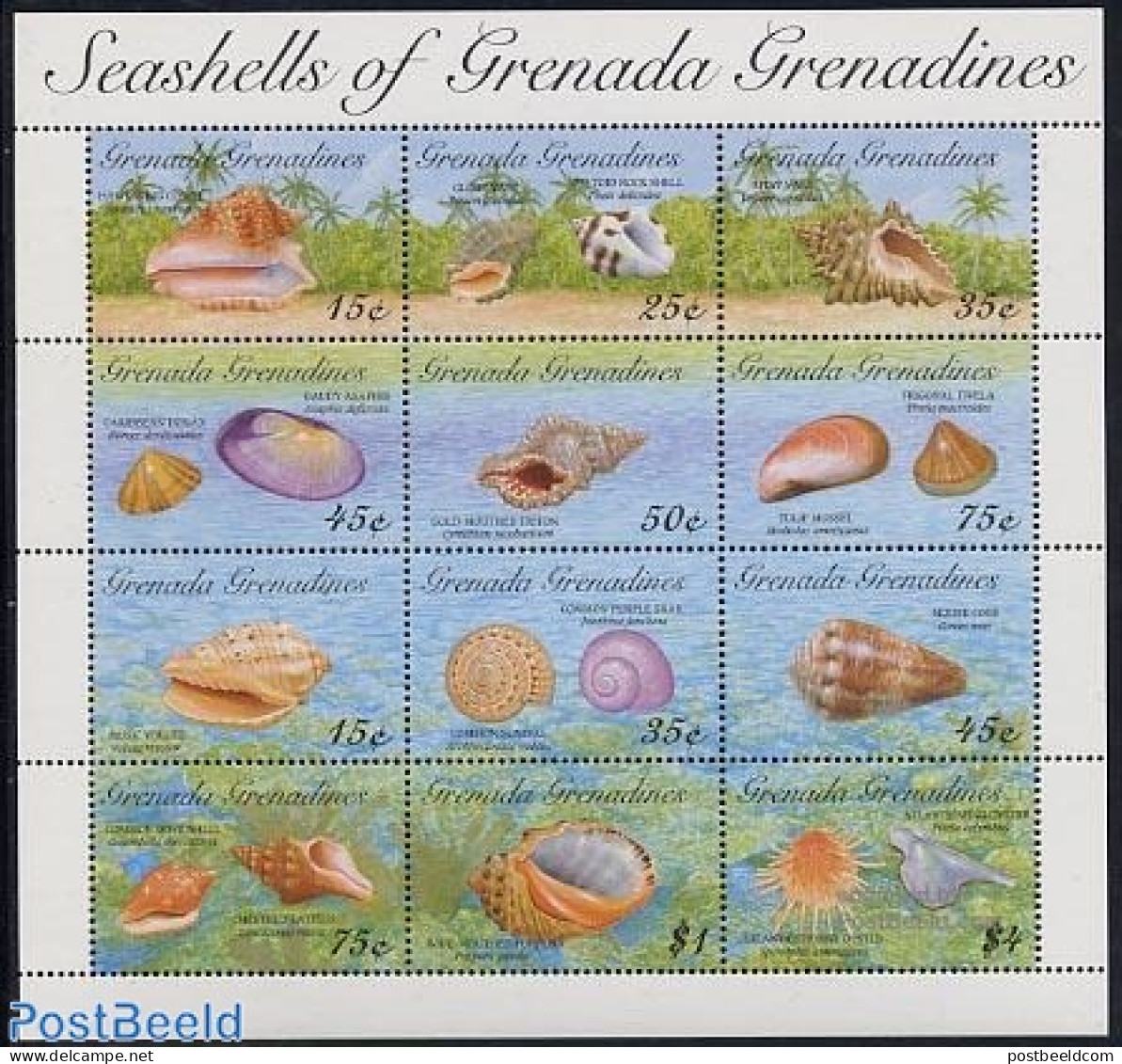 Grenada Grenadines 1993 Shells 12v M/s, Mint NH, Nature - Shells & Crustaceans - Marine Life