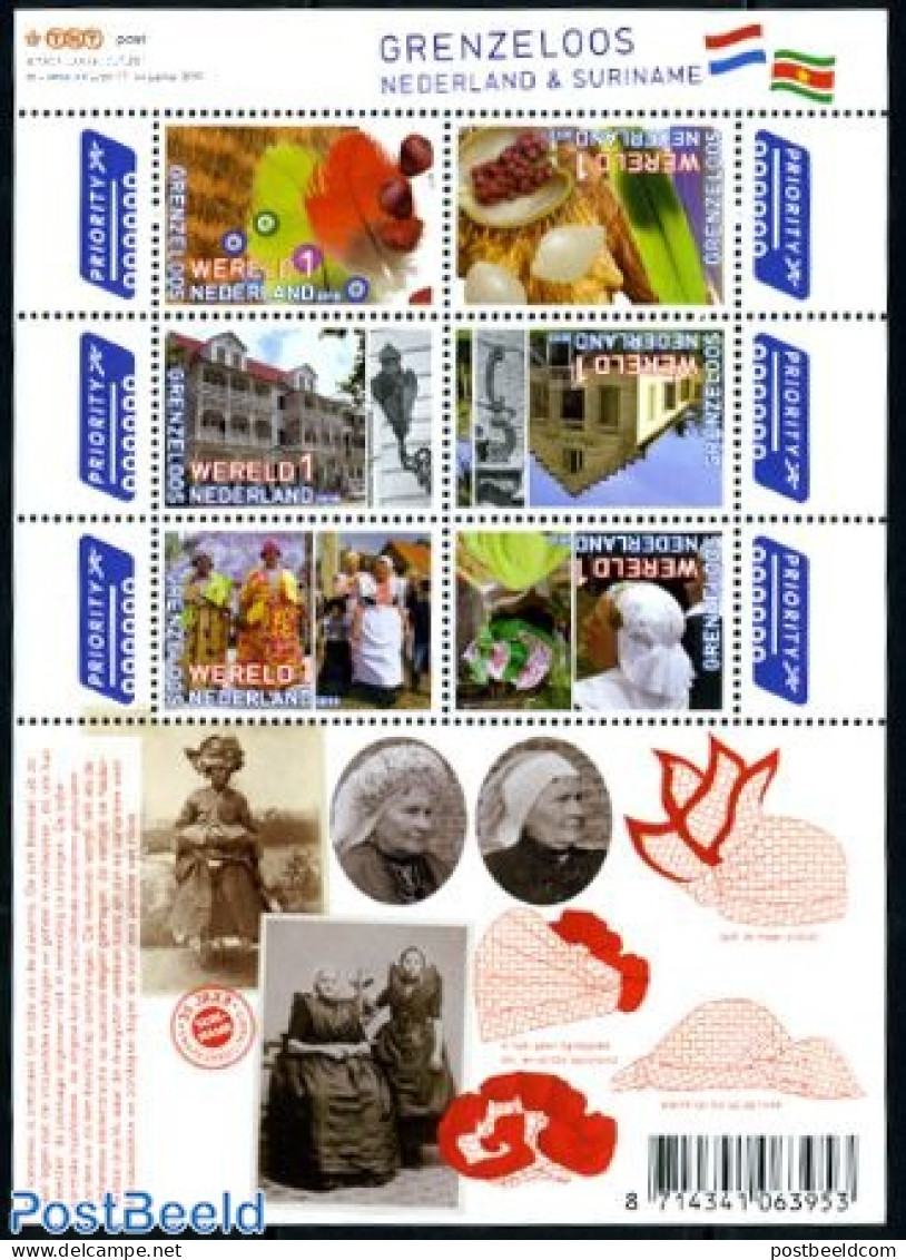 Netherlands 2010 Borderless Netherlands-Suriname 6v M/s, Costumes, Mint NH, Nature - Various - Fruit - Costumes - Ungebraucht