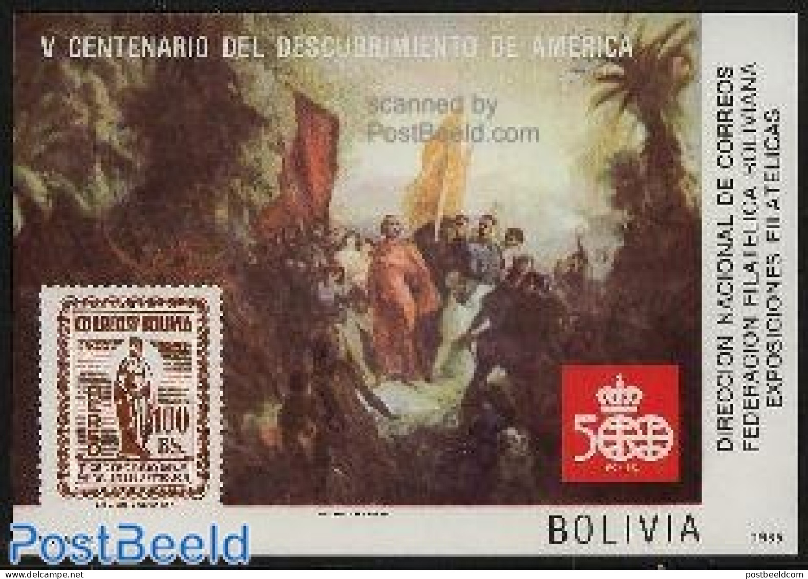 Bolivia 1985 America Discovery S/s, Mint NH, History - Explorers - Stamps On Stamps - Explorers