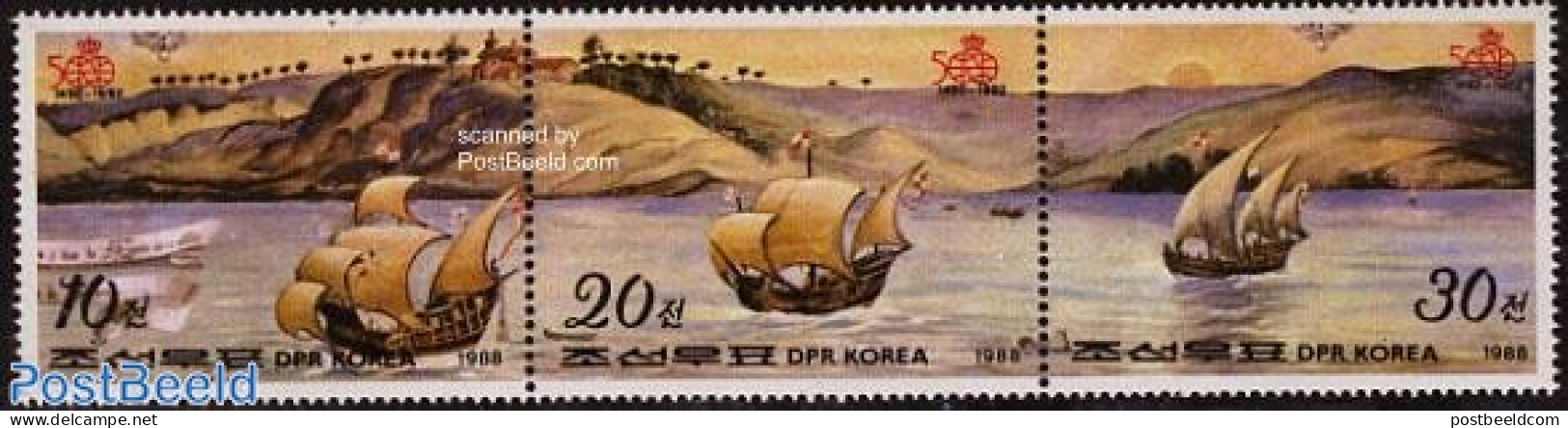 Korea, North 1988 Columbus 3v [::], Mint NH, History - Transport - Explorers - Ships And Boats - Erforscher