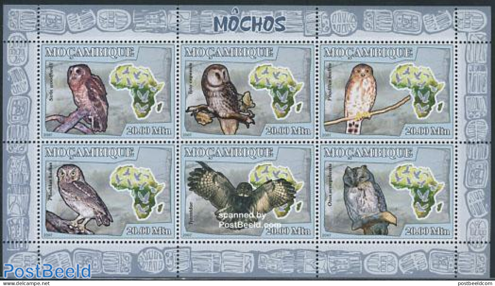 Mozambique 2007 Owls 6v M/s, Mint NH, Nature - Birds - Birds Of Prey - Owls - Mosambik