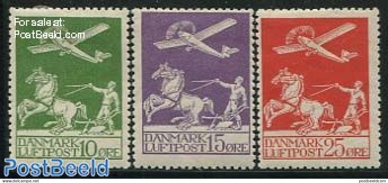 Denmark 1925 Airmail 3v, Unused (hinged), Nature - Transport - Various - Horses - Aircraft & Aviation - Agriculture - Nuovi