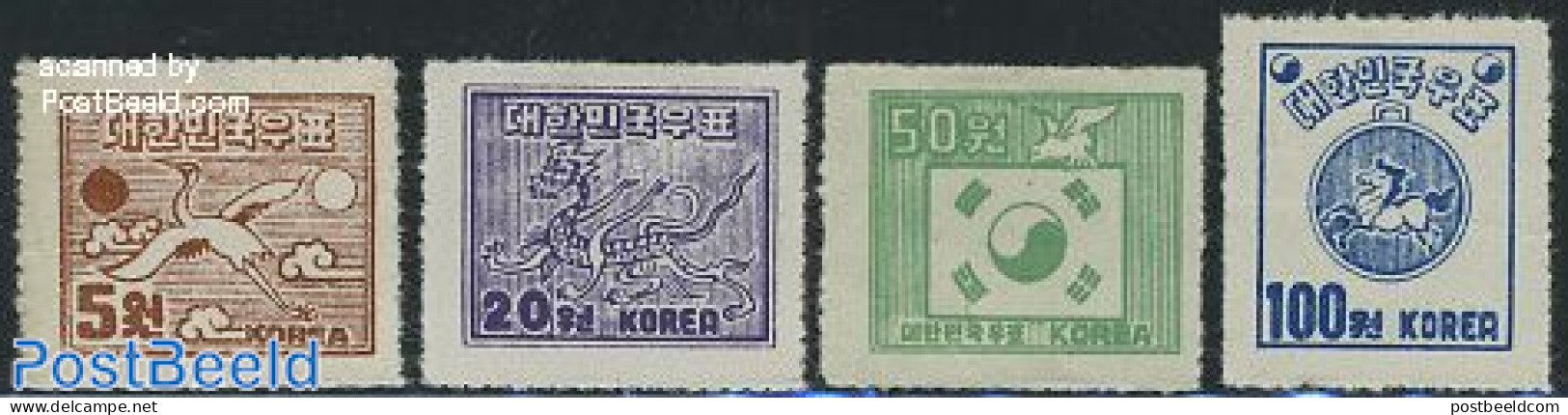 Korea, South 1951 Definitives 4v (perf. 11), No WM, Unused (hinged), History - Nature - Birds - Korea, South