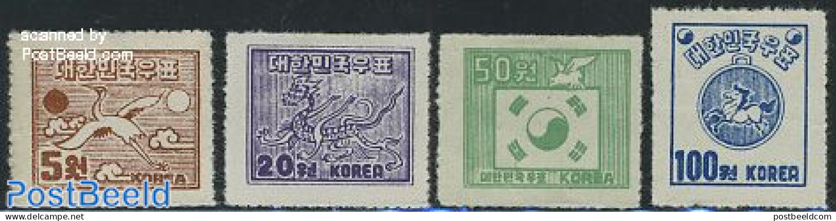 Korea, South 1951 Definitives 4v (perf. 11), No WM, Unused (hinged), History - Nature - Birds - Corea Del Sur