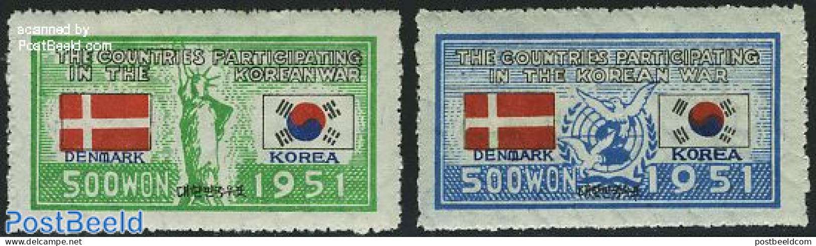 Korea, South 1951 UNO War Support, Denmark 2v, Mint NH, History - Nature - Flags - United Nations - Birds - Corea Del Sur