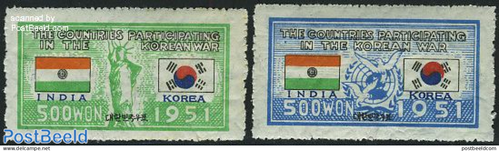 Korea, South 1951 UNO War Support, India 2v, Mint NH, History - Nature - Birds - Korea, South