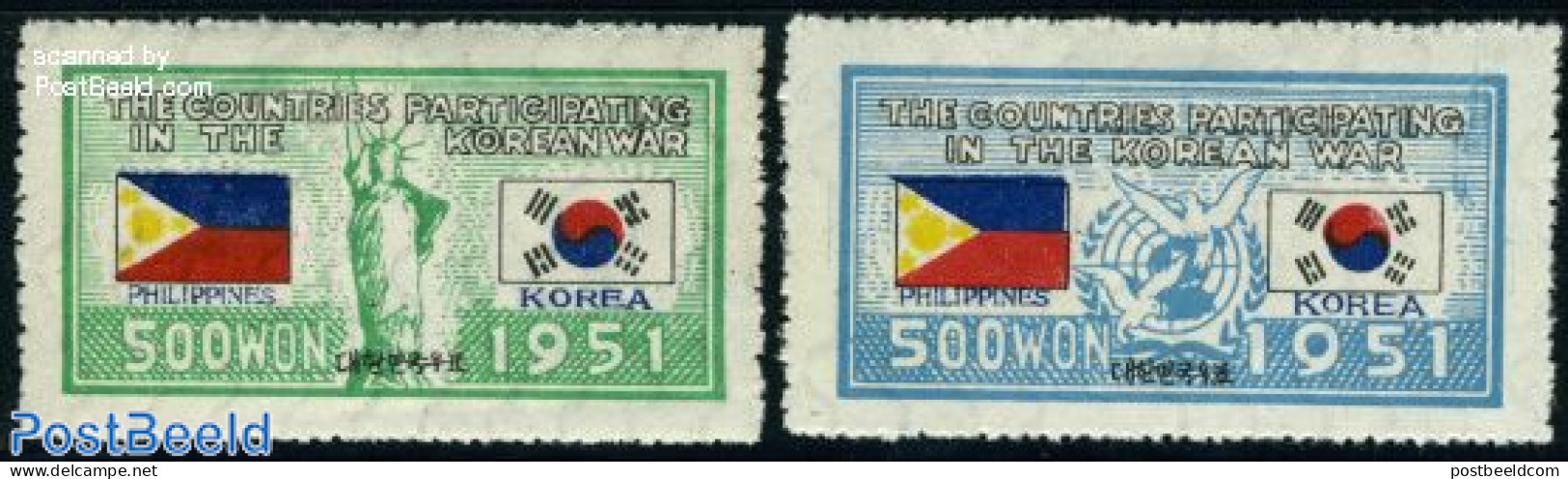 Korea, South 1951 UNO War Support, Philipines 2v, Mint NH, History - Nature - Flags - United Nations - Birds - Corea Del Sur