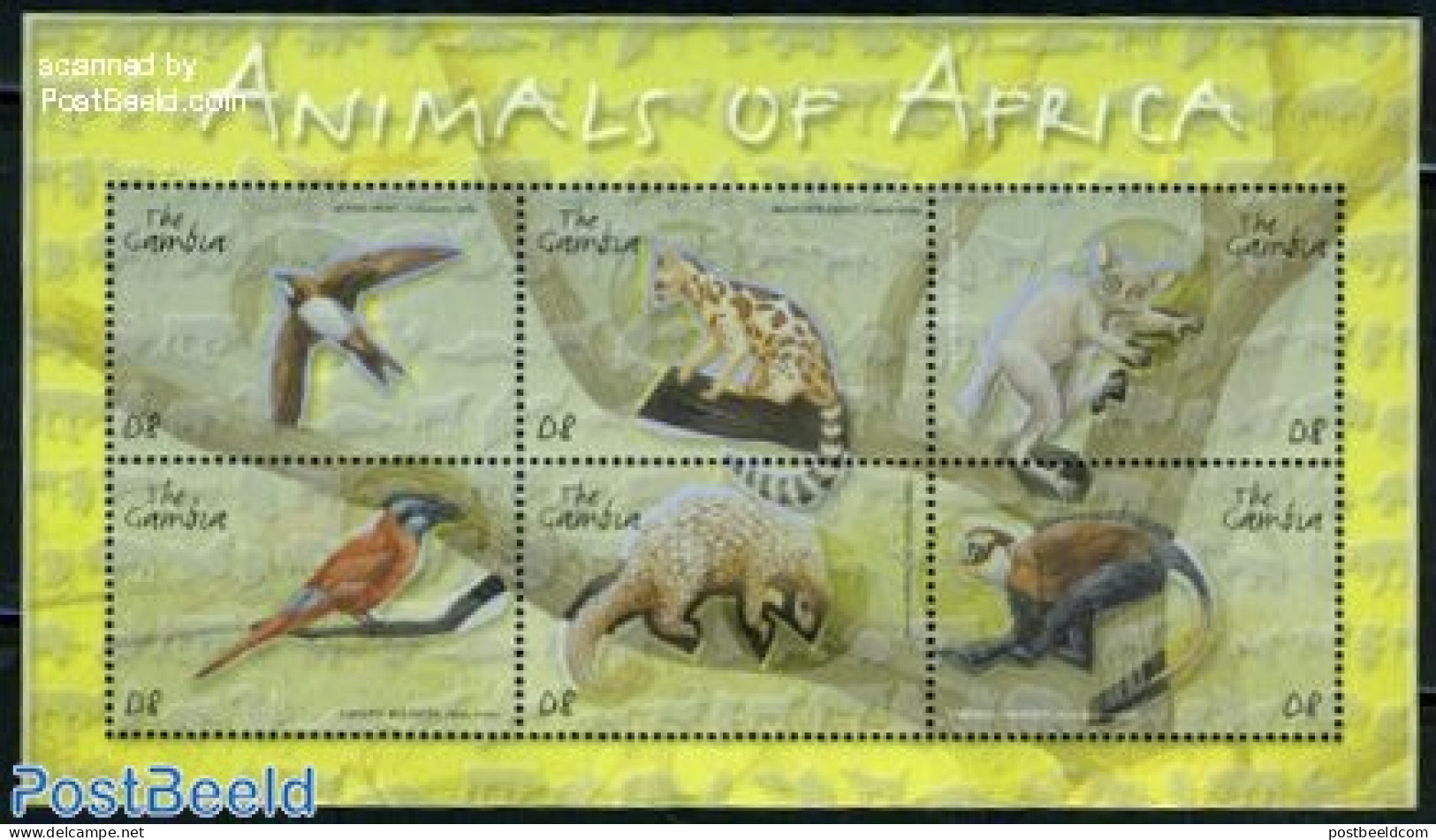 Gambia 2001 African Fauna 6v M/s, Mint NH, Nature - Animals (others & Mixed) - Birds - Monkeys - Gambia (...-1964)