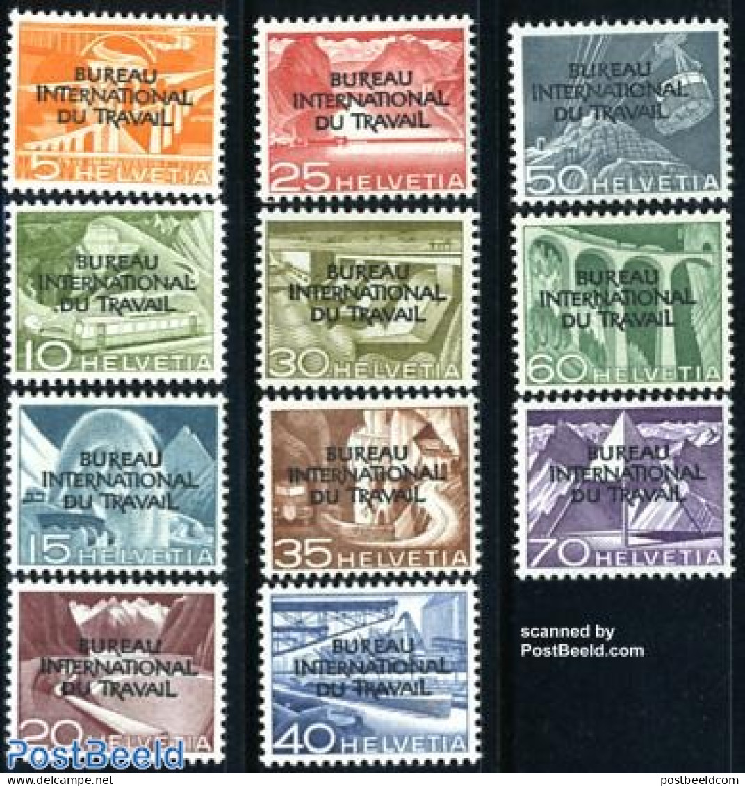 Switzerland 1950 I.L.O. Overprints 11v, Mint NH, History - Nature - Transport - I.l.o. - Water, Dams & Falls - Automob.. - Nuevos