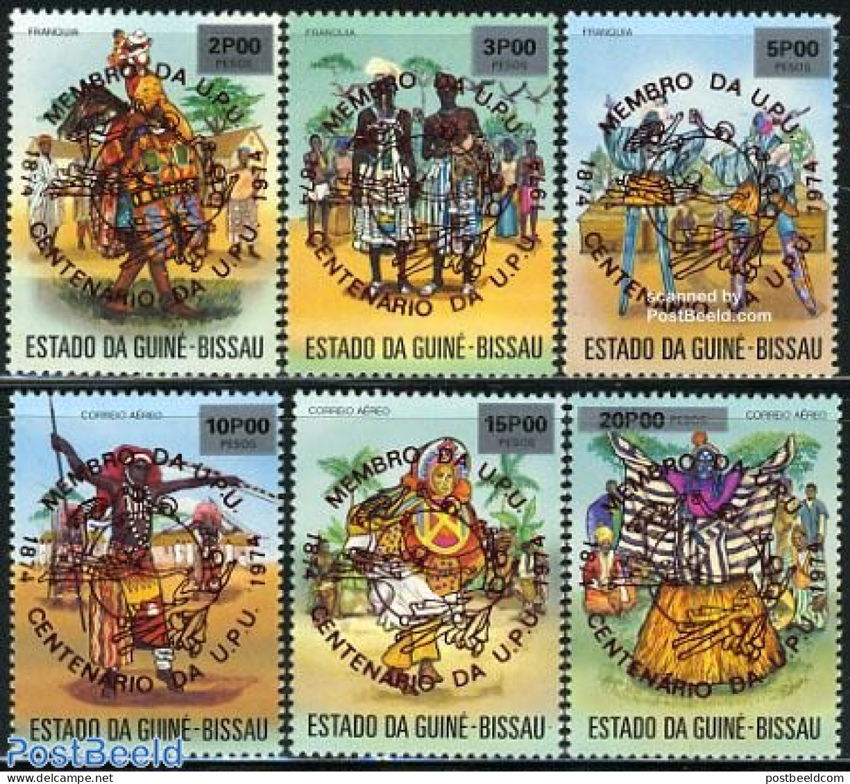 Guinea Bissau 1976 UPU Centenary 6v, Red Overprints, Mint NH, Various - U.P.U. - Folklore - U.P.U.