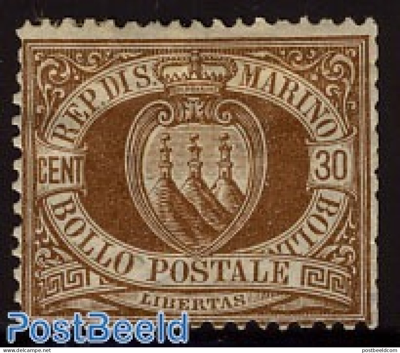 San Marino 1877 30c. Brown Unused Hinged, Unused (hinged) - Nuevos