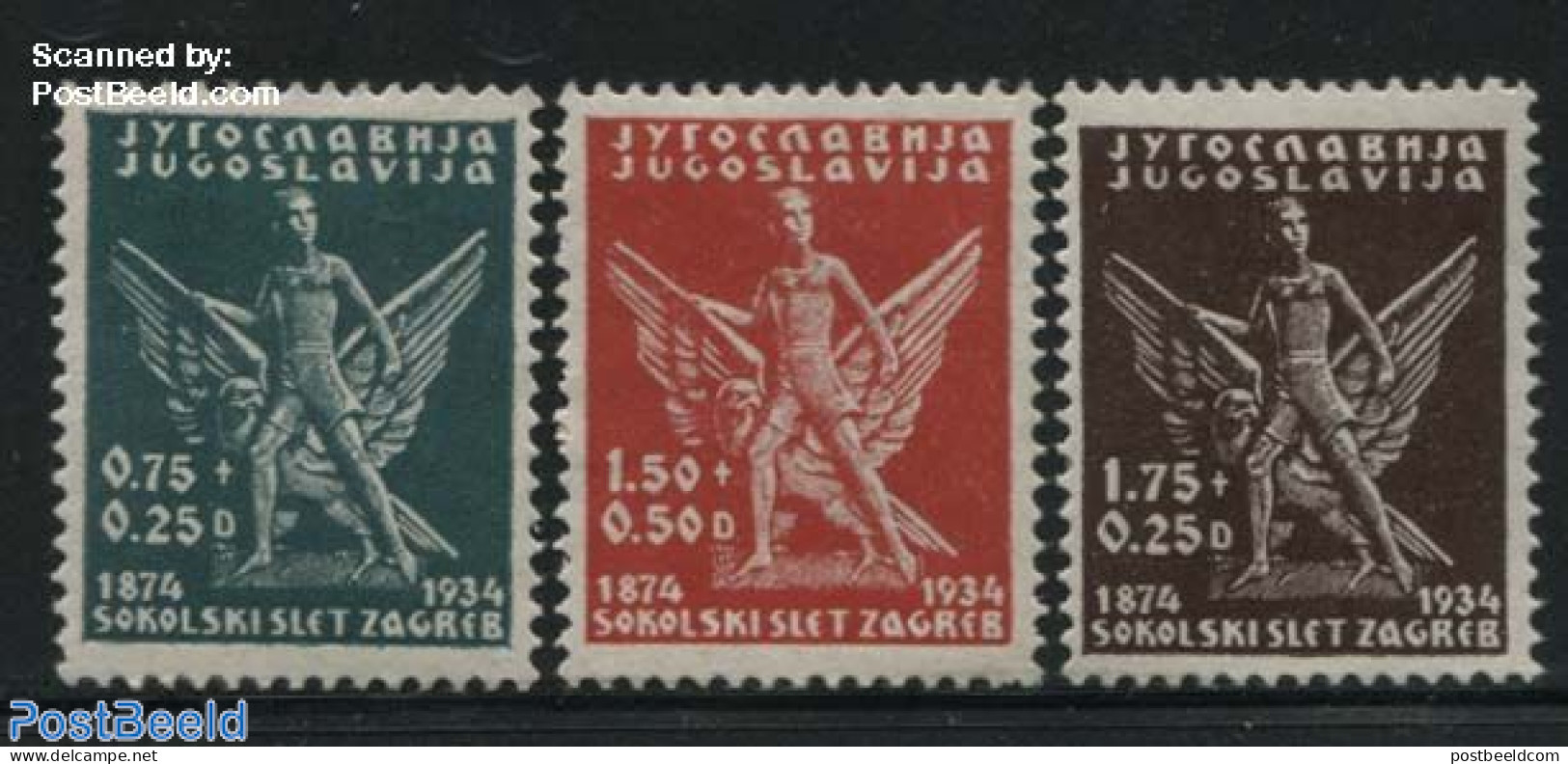 Yugoslavia 1934 Sokol Of Zagreb 3v, Unused (hinged), Nature - Sport - Birds Of Prey - Gymnastics - Art - Sculpture - Ongebruikt