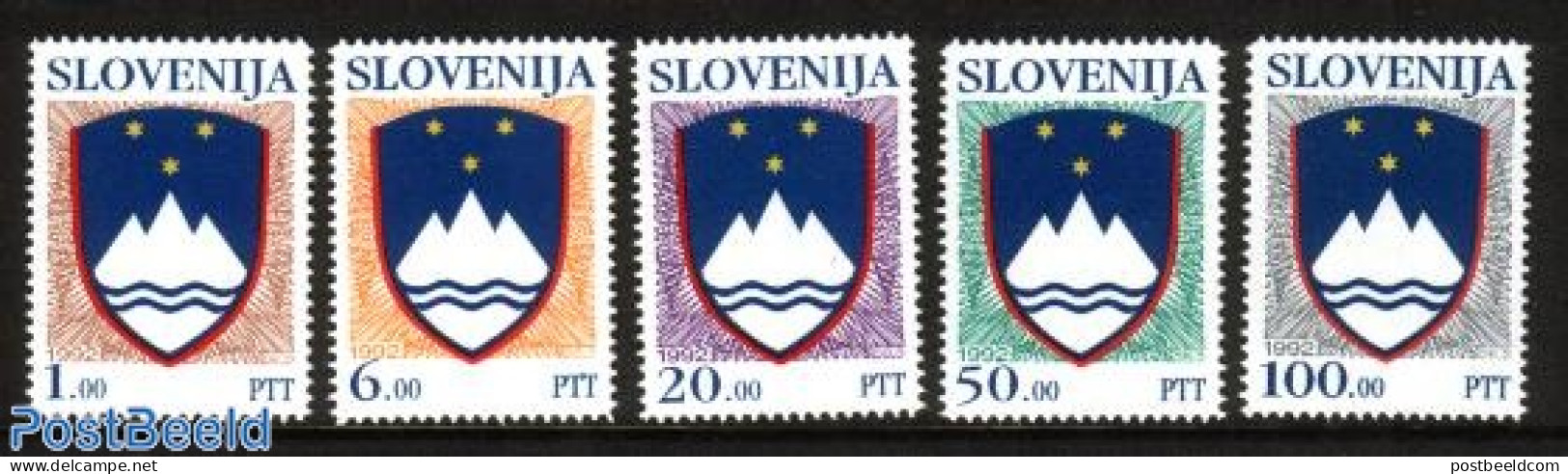 Slovenia 1992 Definitives, State Coat Of Arms 5v, Mint NH, History - Coat Of Arms - Eslovenia