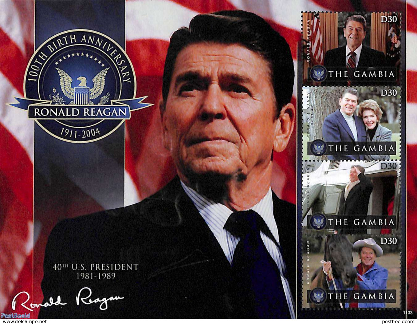 Gambia 2011 Ronald Reagan 4v M/s, Mint NH, History - Nature - Transport - American Presidents - Politicians - Horses -.. - Helikopters