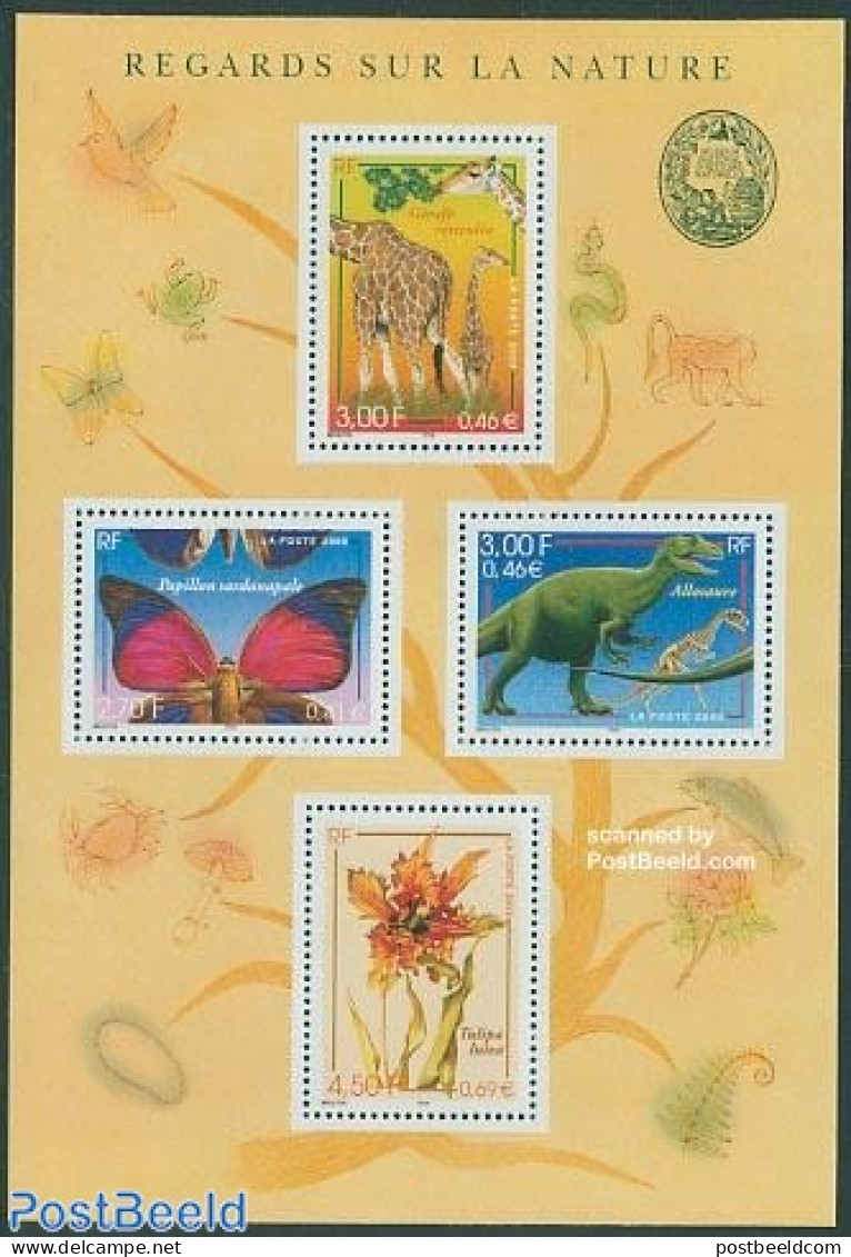 France 2000 Flora, Fauna S/s, Mint NH, Nature - Animals (others & Mixed) - Butterflies - Flowers & Plants - Giraffe - .. - Ungebraucht