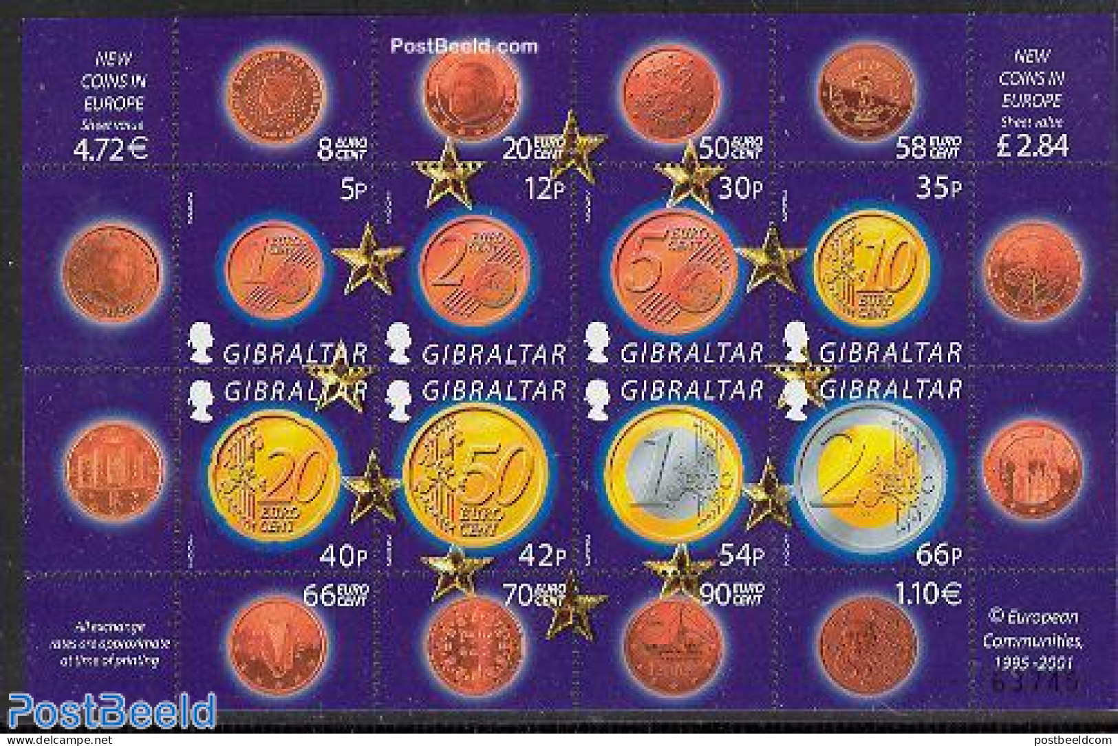 Gibraltar 2002 New Coins In Europe 8v M/S, Mint NH, History - Various - Europa Hang-on Issues - Money On Stamps - Idées Européennes