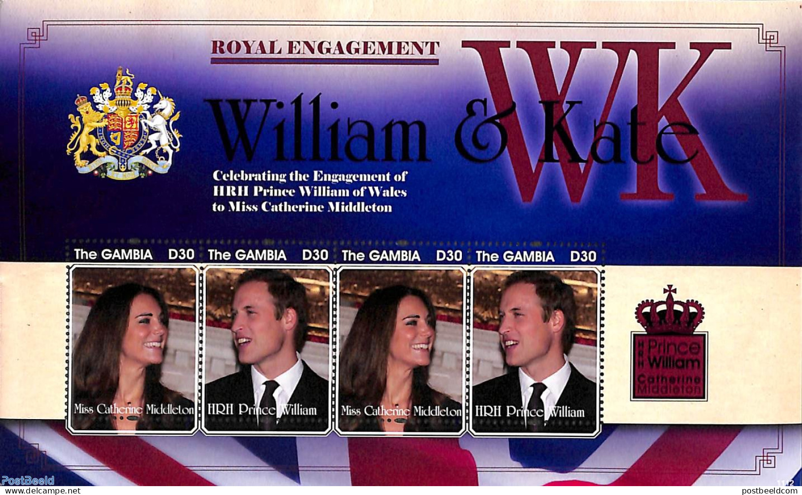 Gambia 2011 William & Kate Royal Engagement M/s, Mint NH, History - Kings & Queens (Royalty) - Königshäuser, Adel