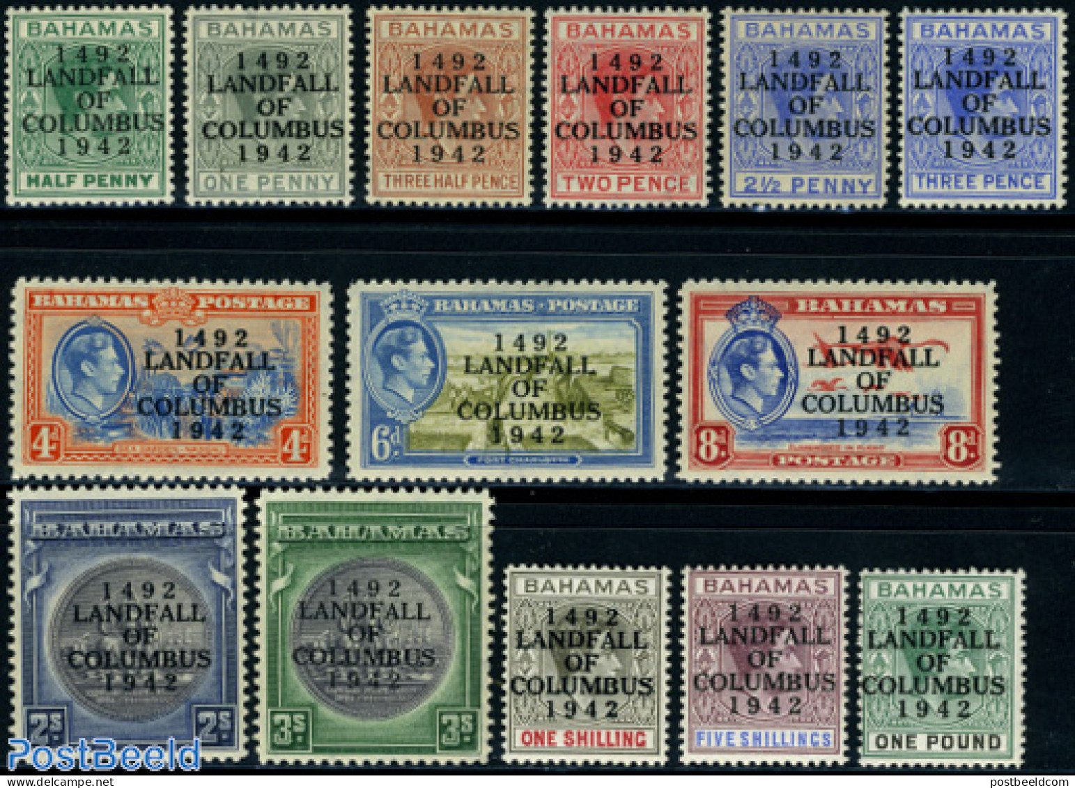 Bahamas 1942 Columbus Overprints 14v, Unused (hinged), History - Nature - Various - Explorers - Birds - Fish - Lightho.. - Onderzoekers