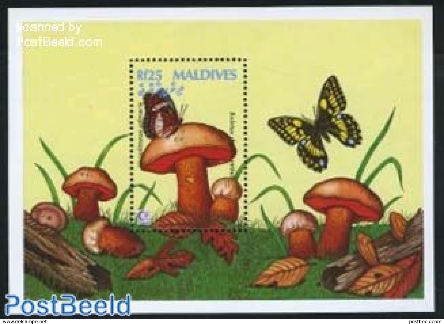 Maldives 1995 Singapore 95 S/s, Boletus Rhodoxanthus, Mint NH, Nature - Butterflies - Mushrooms - Mushrooms