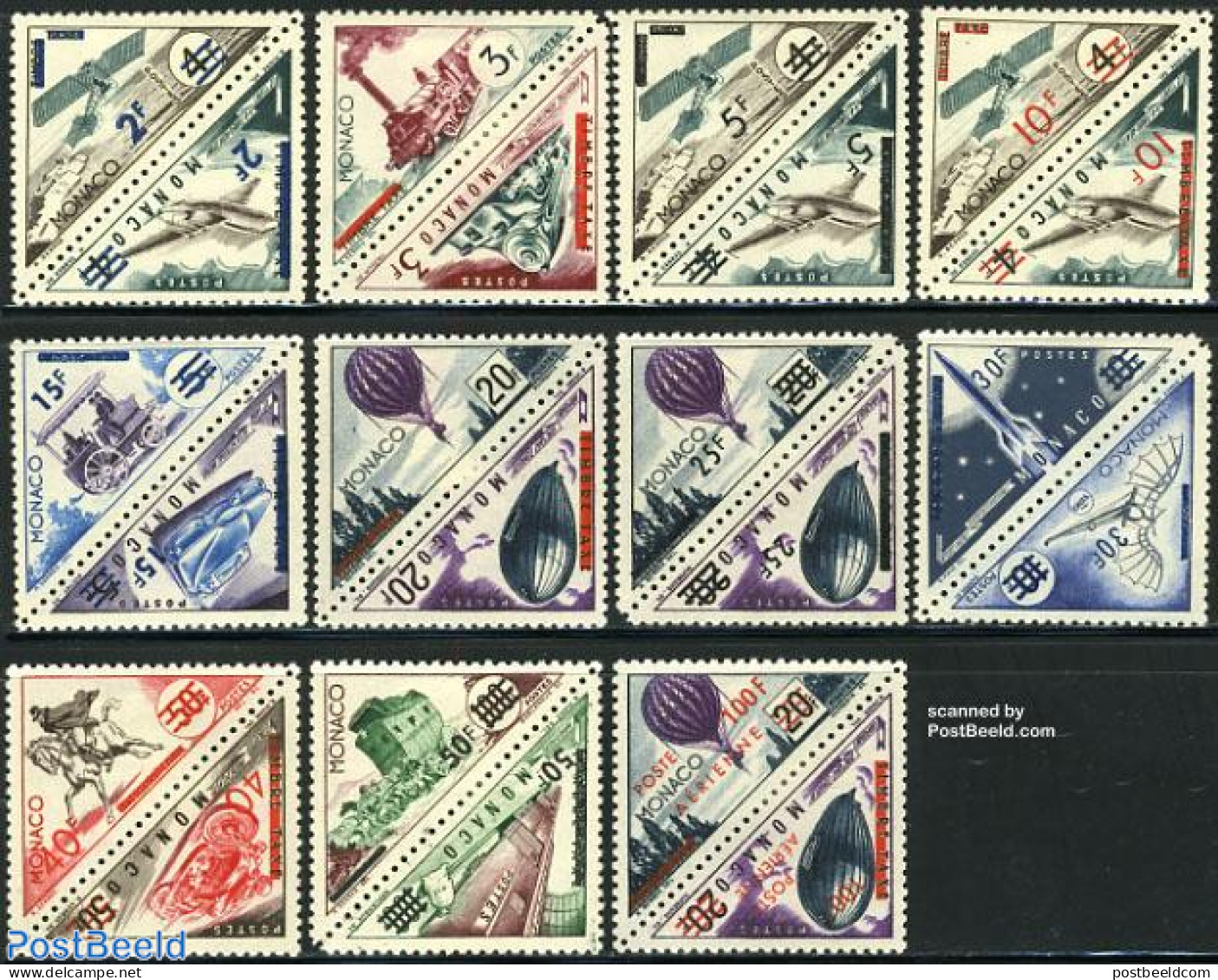 Monaco 1956 Overprints 2x11v [:], Mint NH, Transport - Automobiles - Balloons - Motorcycles - Aircraft & Aviation - Ra.. - Unused Stamps