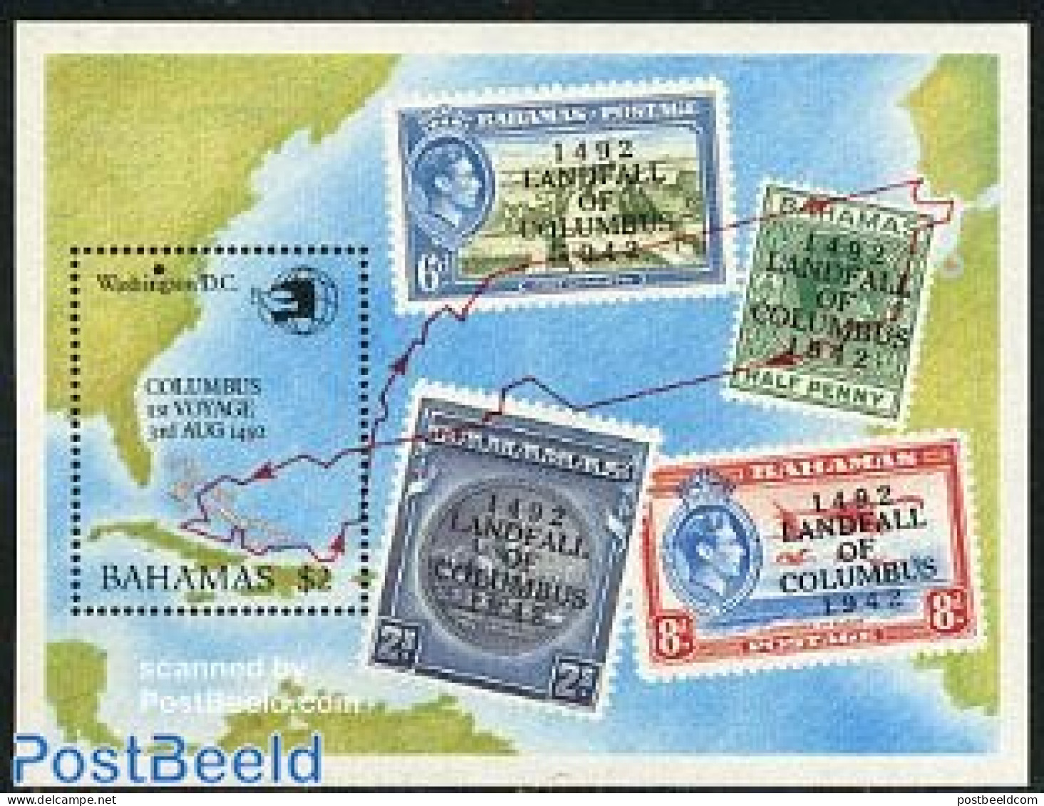 Bahamas 1989 World Stamp Expo S/s, Mint NH, Nature - Various - Birds - Stamps On Stamps - Maps - Stamps On Stamps