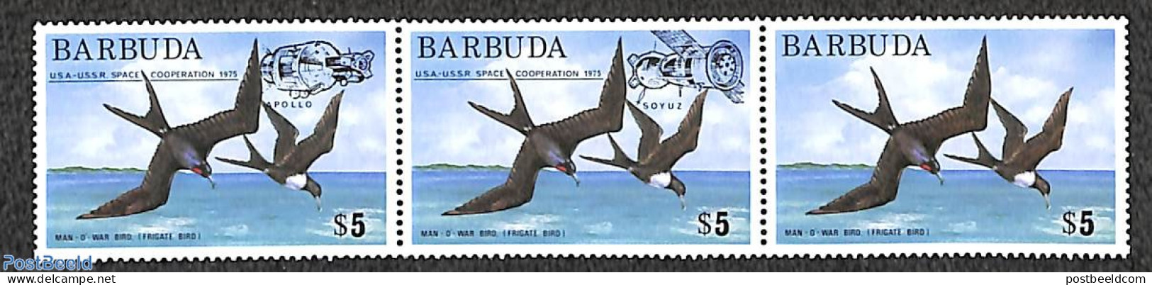 Barbuda 1975 Overprints, Strip Of 3 With 1 Stamp Without Overprint, Mint NH, Transport - Barbuda (...-1981)