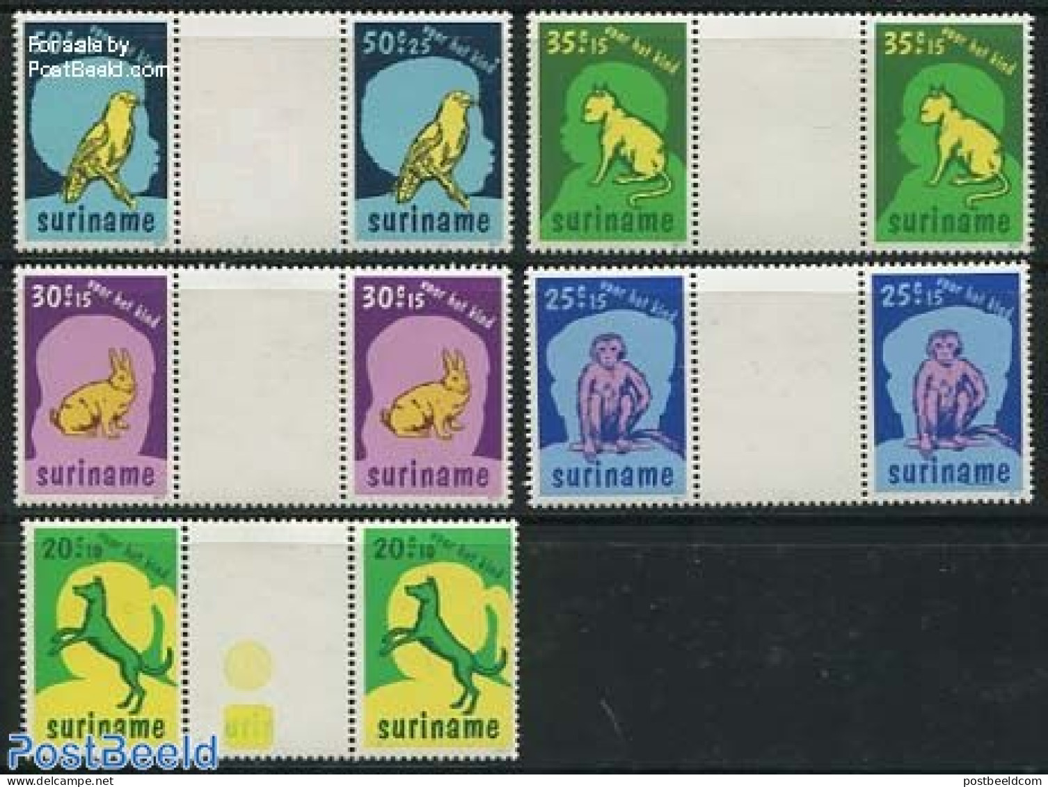 Suriname, Republic 1977 Child Welfare 5v, Gutter Pairs, Mint NH, Nature - Animals (others & Mixed) - Birds - Cats - Dogs - Suriname