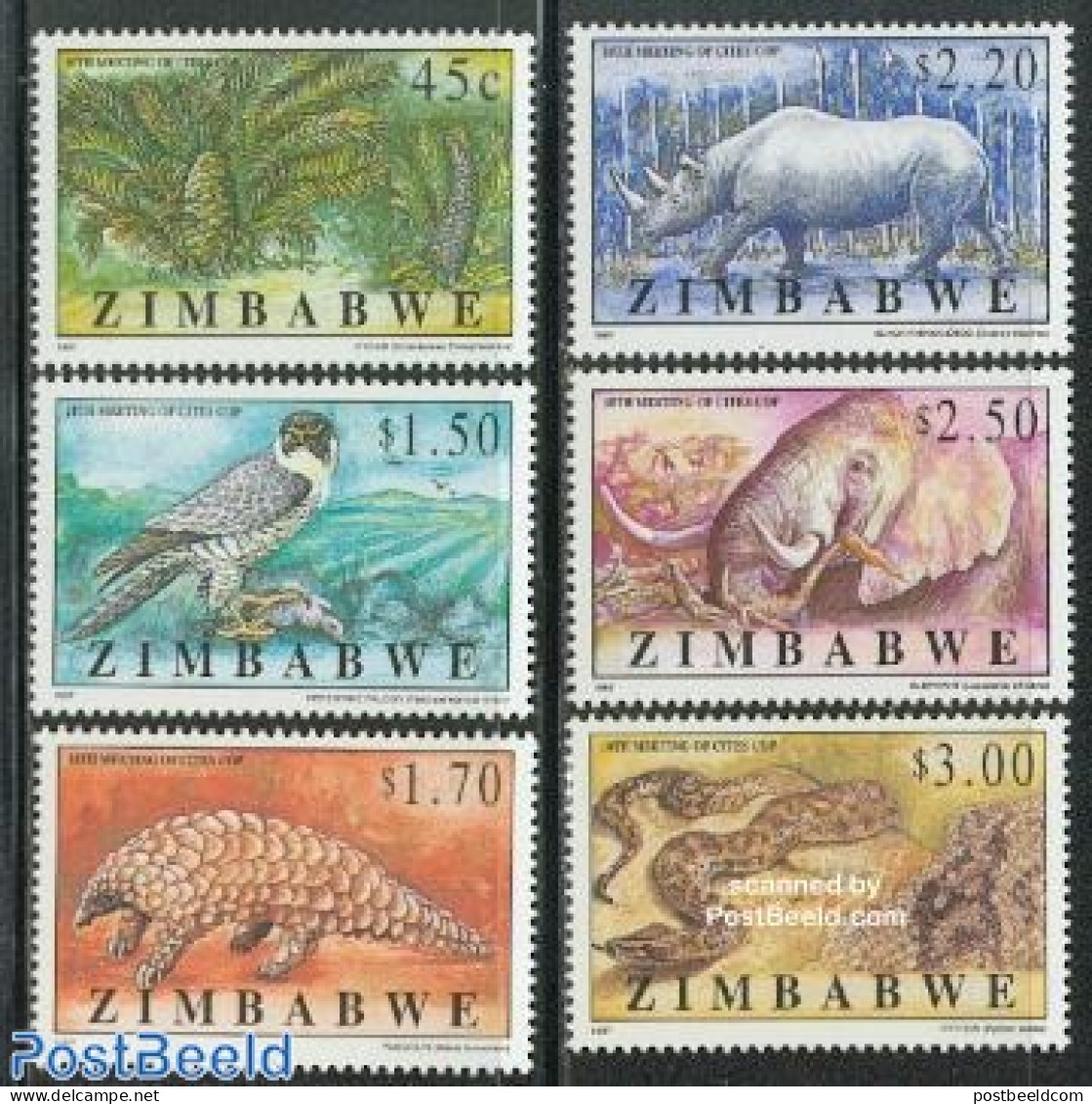 Zimbabwe 1997 Endangered Species 6v, Mint NH, Nature - Animals (others & Mixed) - Birds - Birds Of Prey - Elephants - .. - Zimbabwe (1980-...)