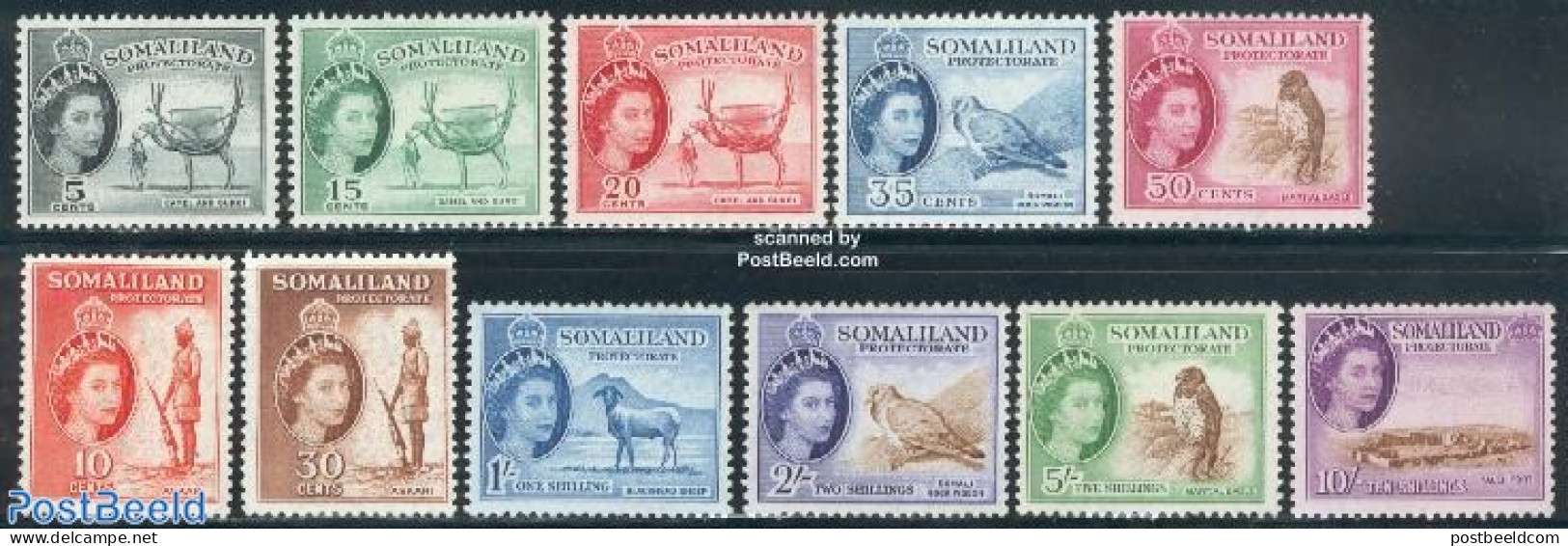 British Somalia 1953 Definitives 11v, Mint NH, Nature - Animals (others & Mixed) - Birds - Birds Of Prey - Camels - Ca.. - Castillos