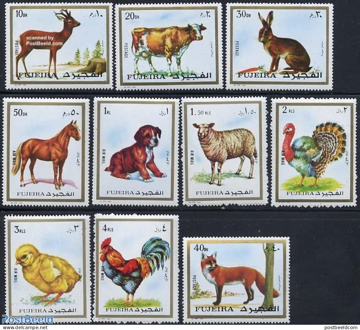 Fujeira 1972 Animals 10v, Mint NH, Nature - Animals (others & Mixed) - Birds - Cattle - Deer - Dogs - Horses - Poultry.. - Fudschaira