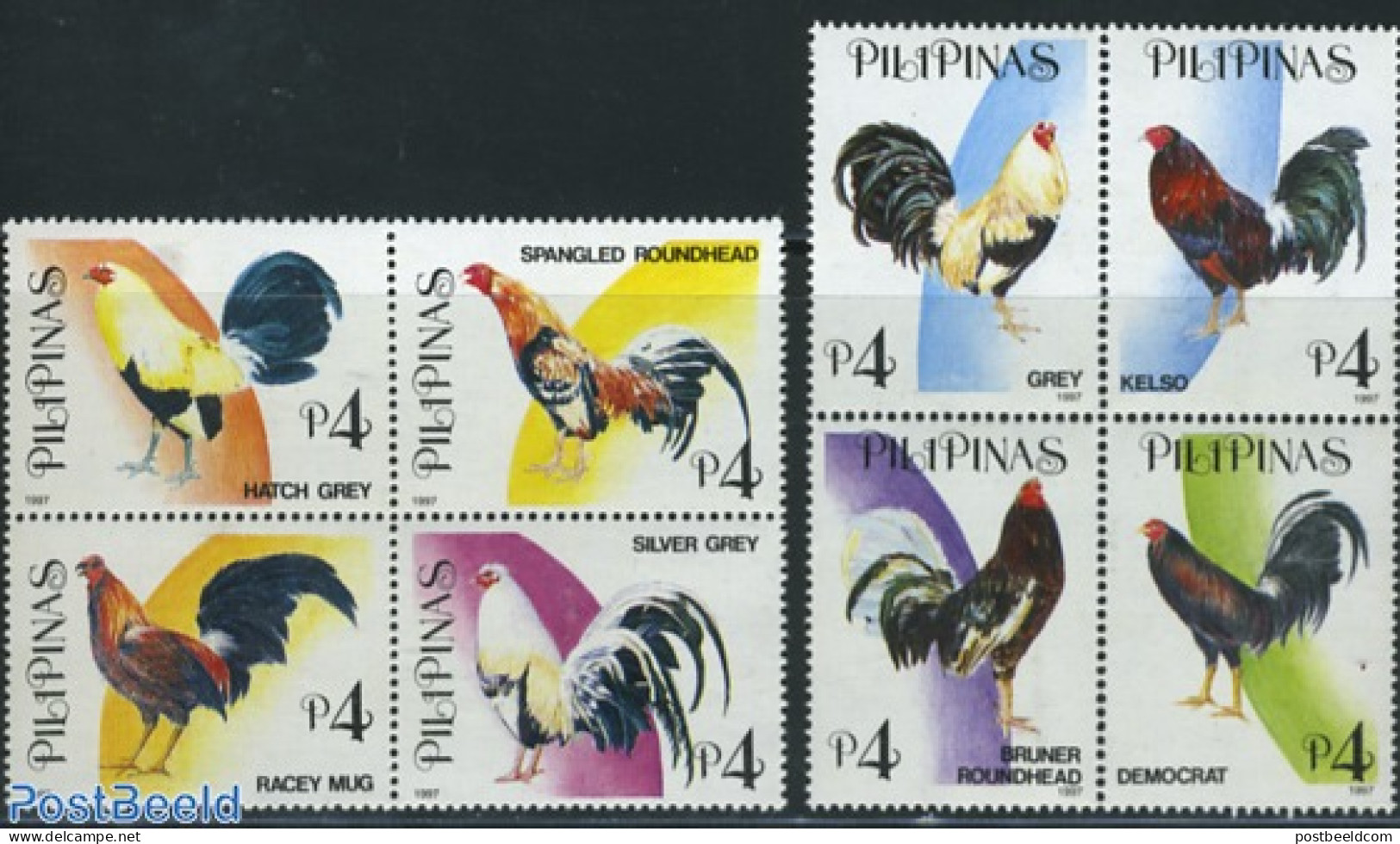 Philippines 1997 Rooster Fighting 8v (2x[+] Or 2x[:::]), Mint NH, Nature - Birds - Poultry - Philippines