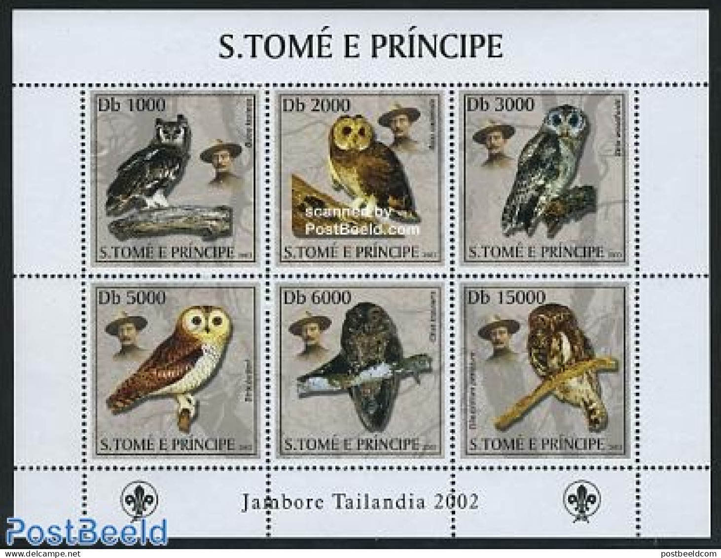 Sao Tome/Principe 2003 Owls 6v M/s, Mint NH, Nature - Sport - Birds - Owls - Scouting - Sao Tomé Y Príncipe