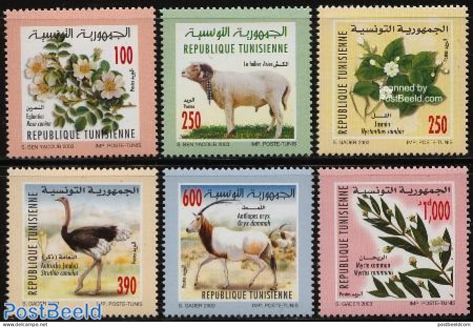 Tunisia 2003 Flora & Fauna 6v, Mint NH, Nature - Animals (others & Mixed) - Birds - Cattle - Flowers & Plants - Tunisia (1956-...)