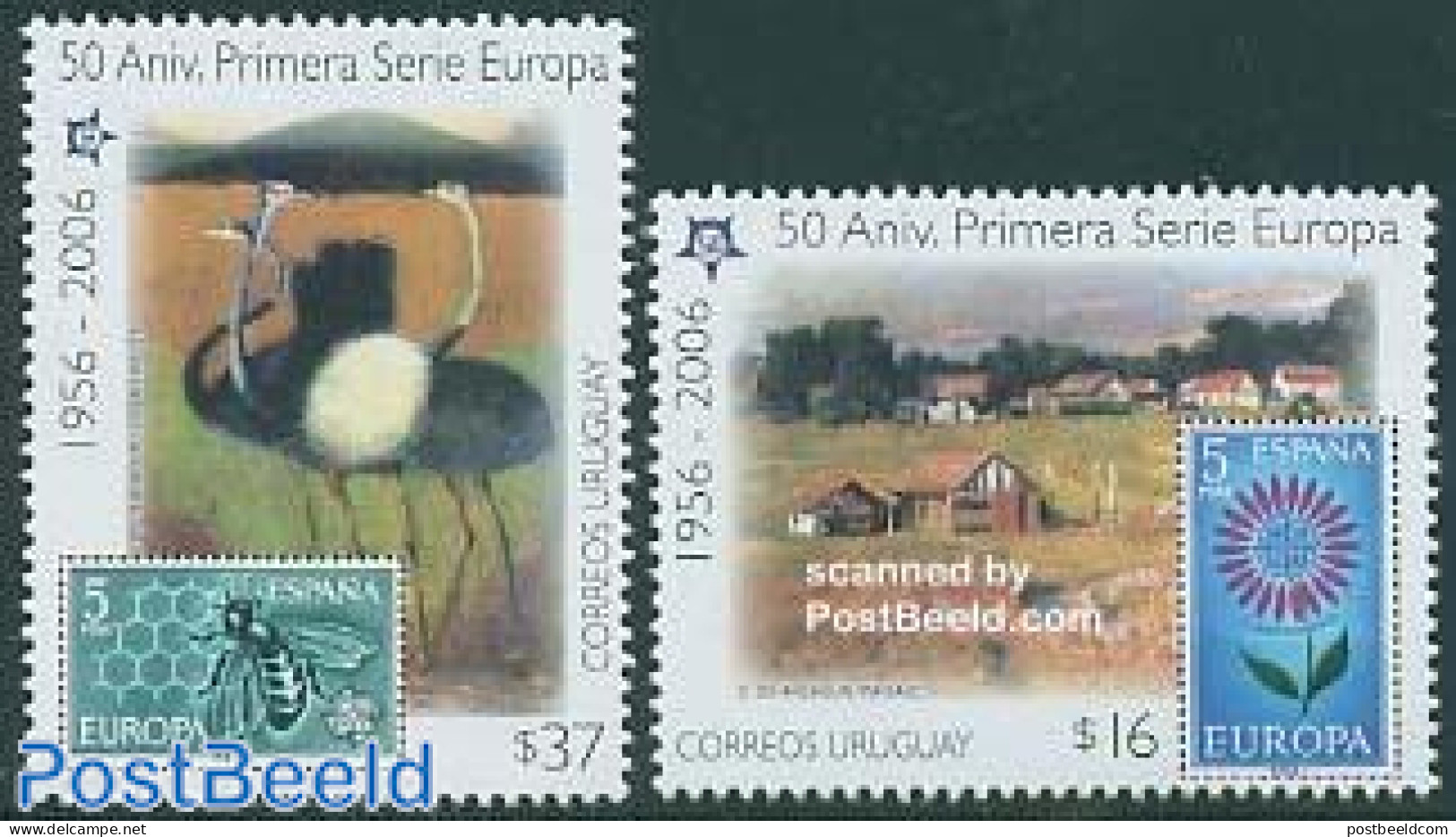 Uruguay 2005 50 Years Europa Stamps 2v, Mint NH, History - Nature - Europa Hang-on Issues - Birds - Insects - Stamps O.. - Ideas Europeas