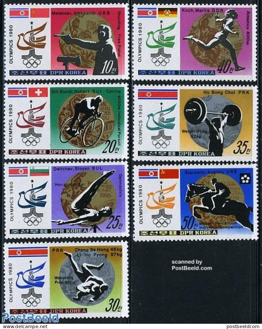 Korea, North 1980 Olympic Winners 7v, Mint NH, Sport - Cycling - Olympic Games - Shooting Sports - Weightlifting - Ciclismo