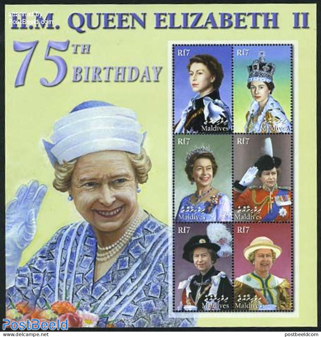 Maldives 2001 Elizabeth II 75th Birthday 6v M/s, Mint NH, History - Kings & Queens (Royalty) - Königshäuser, Adel