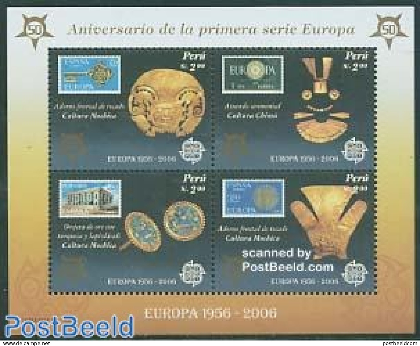 Peru 2005 50 Years Europa Stamps 4v M/s, Mint NH, History - Europa Hang-on Issues - Stamps On Stamps - Art - Art & Ant.. - Ideas Europeas