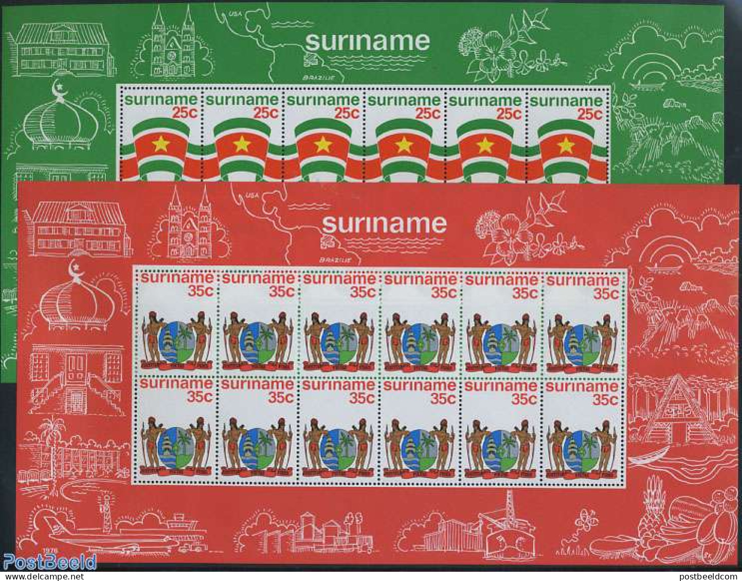 Suriname, Republic 1976 Flag, Coat Of Arms 2 M/ss (=12 Sets), Mint NH, History - Coat Of Arms - Flags - Suriname