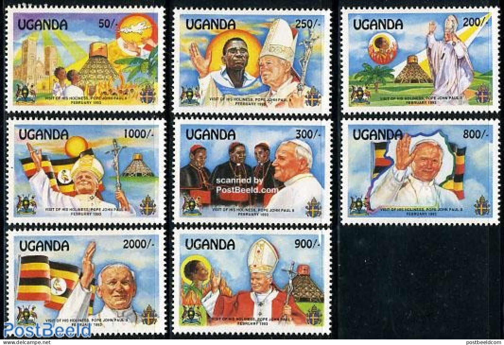 Uganda 1993 Pope Visit 8v, Mint NH, History - Religion - Flags - Churches, Temples, Mosques, Synagogues - Pope - Relig.. - Eglises Et Cathédrales