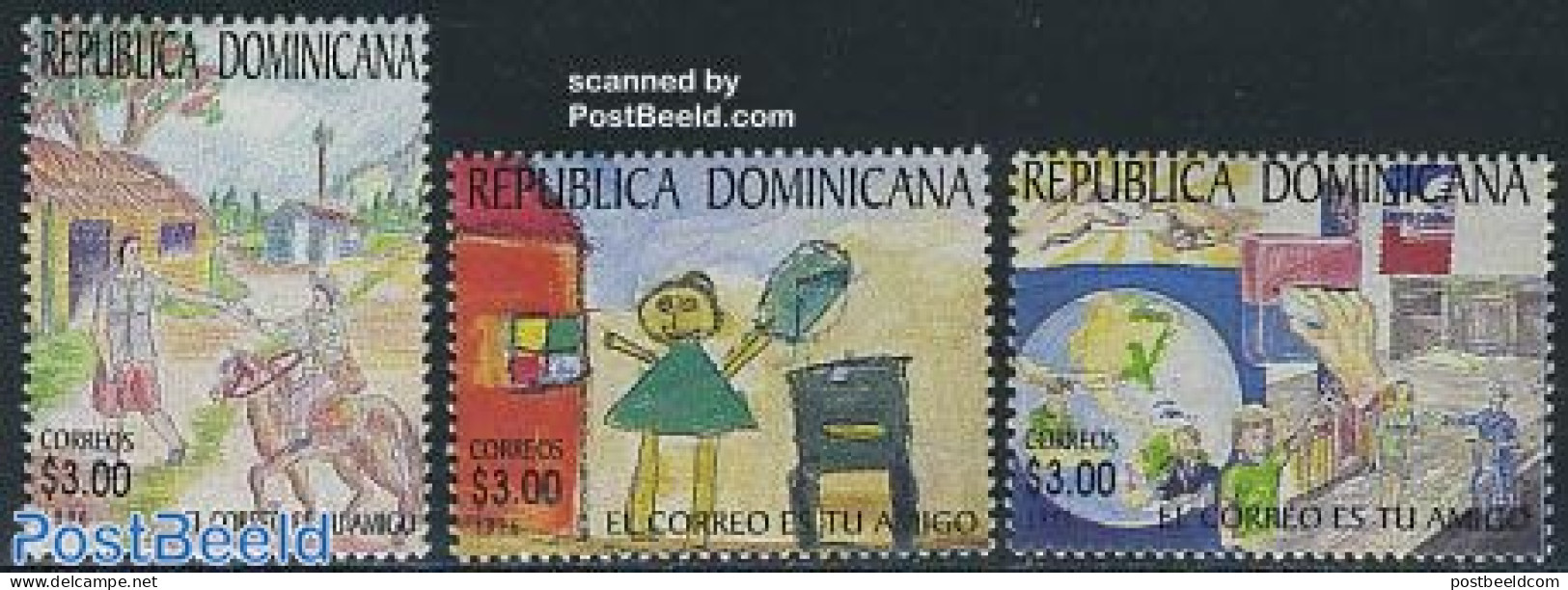 Dominican Republic 1996 Children Paintings 3v, Mint NH, Transport - Motorcycles - Art - Children Drawings - Motorbikes