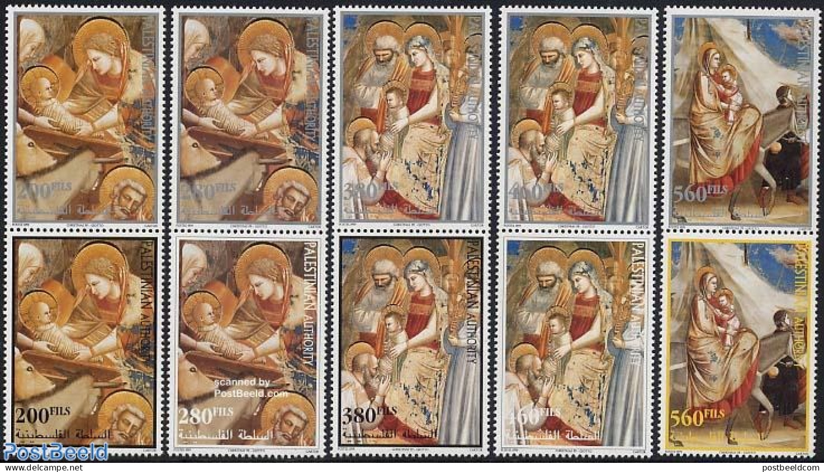 Palestinian Terr. 1999 Christmas 5x2v [:], Mint NH, Religion - Christmas - Art - Paintings - Natale