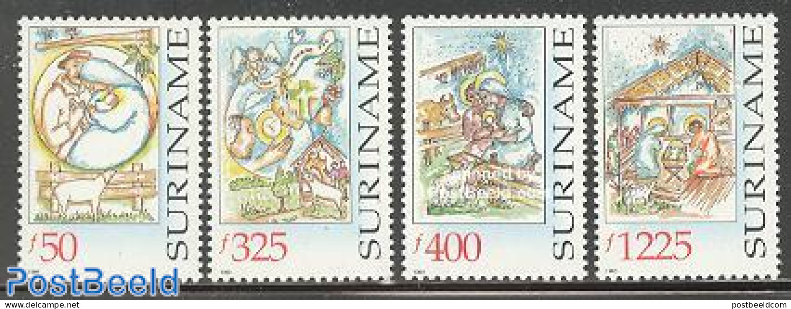 Suriname, Republic 1998 Christmas 4v, Mint NH, Nature - Religion - Cattle - Angels - Christmas - Christendom