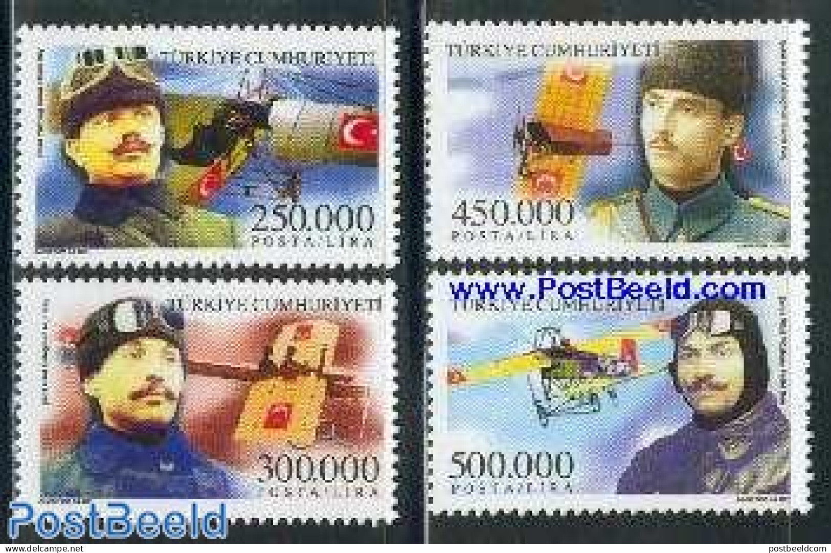 Türkiye 2001 Aeroplanes, Aviators 4v, Mint NH, Transport - Aircraft & Aviation - Sonstige & Ohne Zuordnung