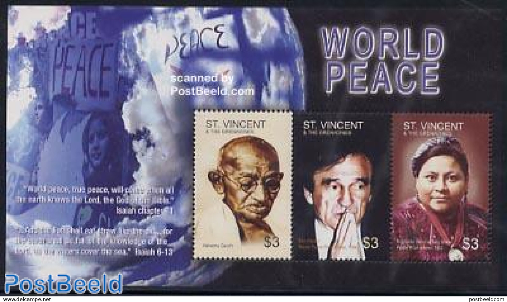 Saint Vincent 2004 World Peace Year 3v M/s, Mint NH, History - Gandhi - Nobel Prize Winners - Peace - Mahatma Gandhi