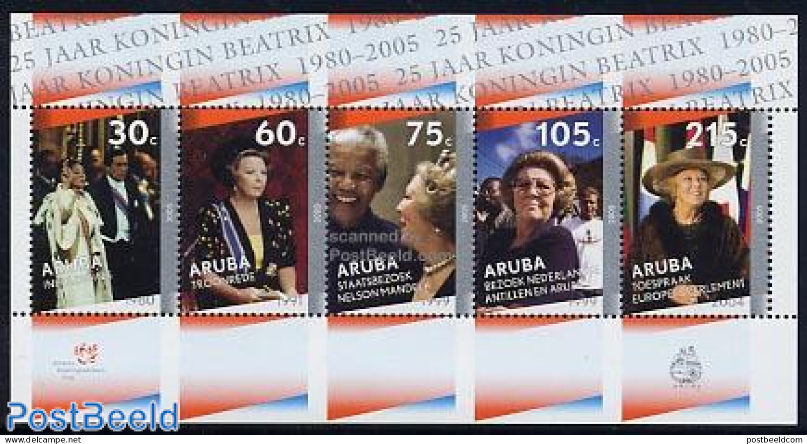 Aruba 2005 Beatrix Silver Jubilee 5v M/s, Mint NH, History - Various - Kings & Queens (Royalty) - Nobel Prize Winners .. - Royalties, Royals