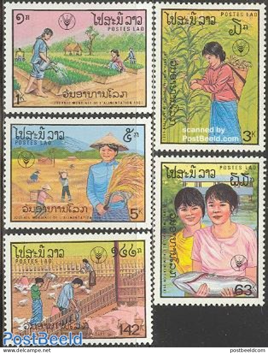 Laos 1987 World Food Day 5v, Mint NH, Health - Nature - Various - Food & Drink - Cattle - Fishing - Agriculture - Alimentación